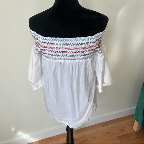 Parker White Off the Shoulder Multicolor Embroidery Smocked Yasmin Blouse Size S - Picture 6 of 12
